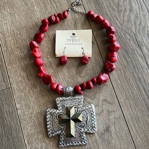 Red western type cross necklace and earring. 17”-20” set